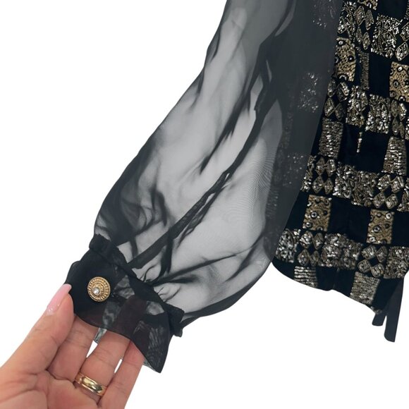 VINTAGE 90' R&K Evenings Black & Gold Sheer Sleeve Buttoned Blouse SZ X-Large - Picture 13 of 13